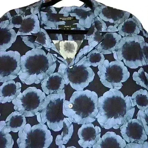 Banana Republic Size XL Relaxed Fit 100% Cotton Blue Floral Shirt Boho Party - Picture 6 of 10